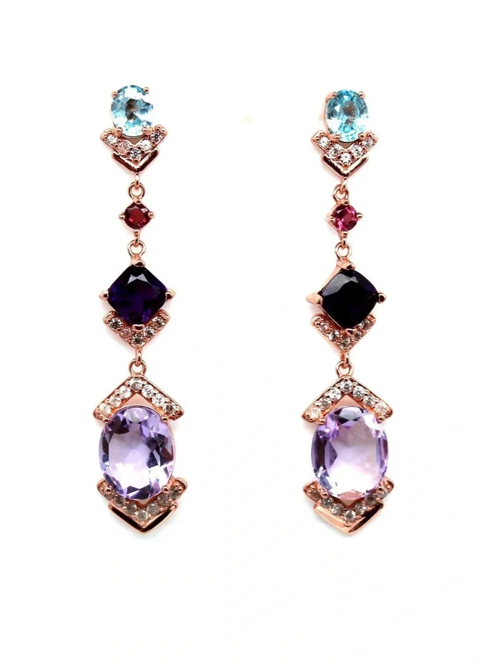 STUNNING! Natural Amethyst, Garnet, Topaz Dangle Earrings 14K Rose Gold over SS